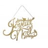 Gouden hangdecoratie met sierlijke letters en takjes, uitgesneden met de tekst "Joyeux Noël".