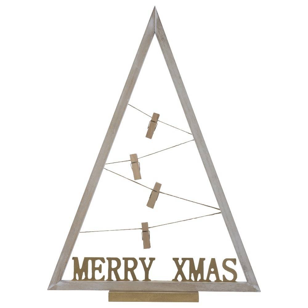 A wooden, triangular Christmas tree with a rustic finish, featuring a "MERRY XMAS" message.