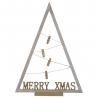 A wooden, triangular Christmas tree with a rustic finish, featuring a "MERRY XMAS" message.