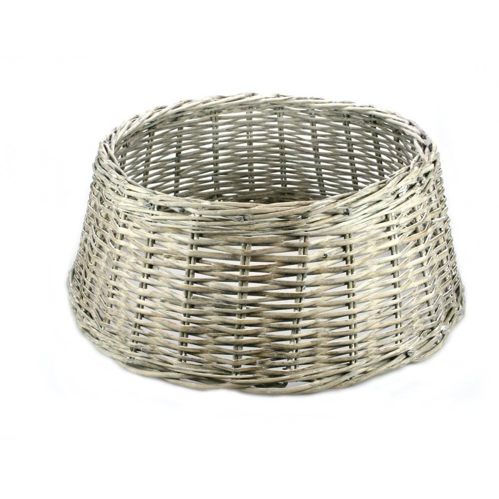 A round, woven basket with a wide opening and a textured, natural finish.