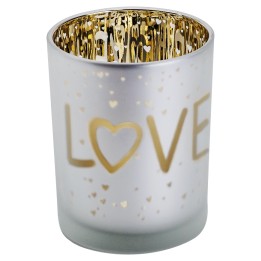 Glazen kaarsenhouder met zilveren buitenkant en gouden binnenkant, versierd met het woord "LOVE".