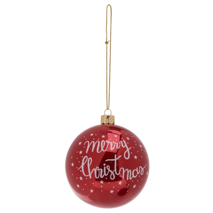Glanzende rode kerstbal met witte tekst "Merry Christmas" en sterretjes.