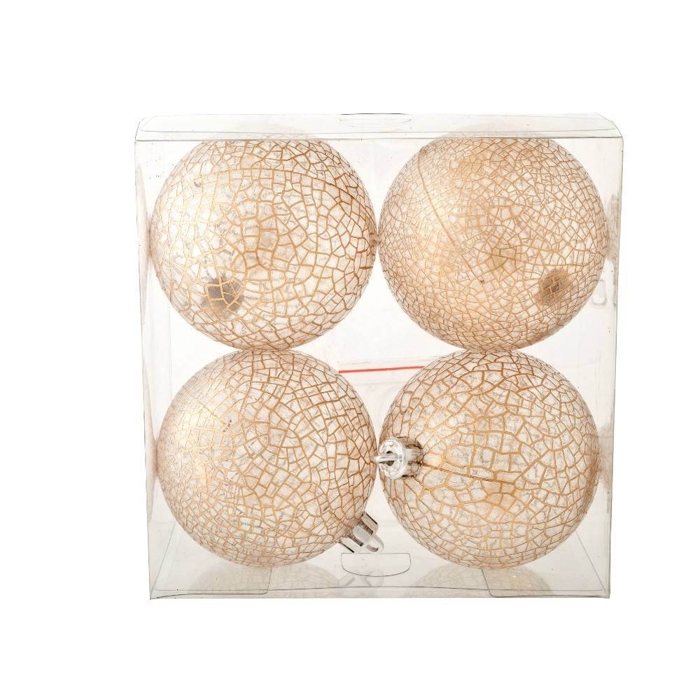 Four delicate, cracked-glass ornaments in a clear box, shimmering with a warm, golden hue.