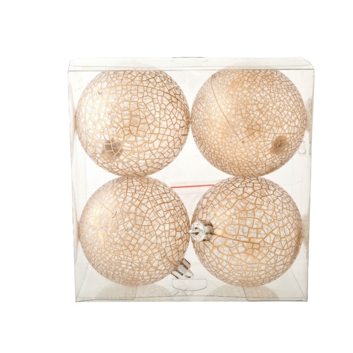 Vier gouden kerstballen met een kraakpatroon, verpakt in een doorzichtige doos.