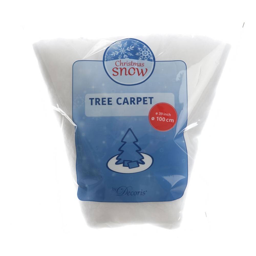 White fluffy material packaged for Christmas decoration, labeled "Tree Carpet."