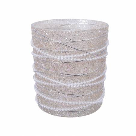 A stack of shimmering, clear, glittery ribbons with a textured, sparkly surface.