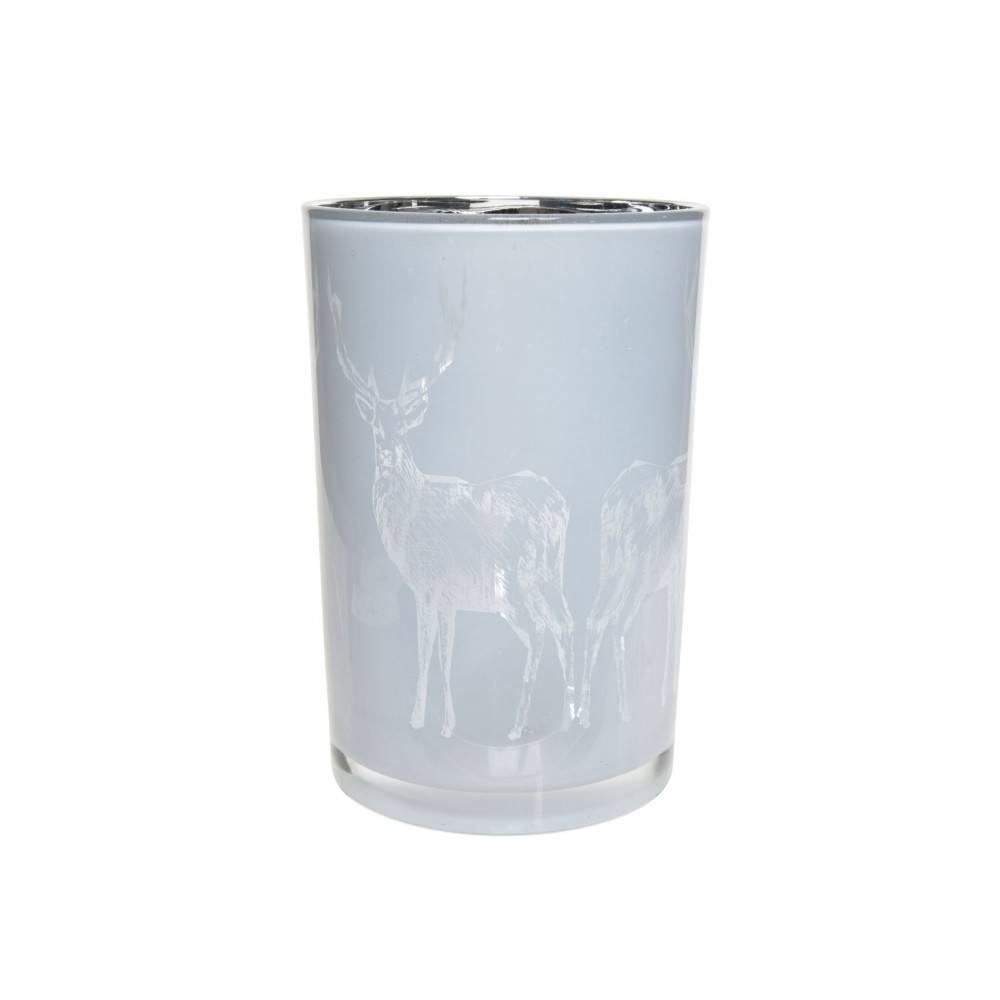A frosted glass candle holder featuring etched deer silhouettes against a soft gray background.