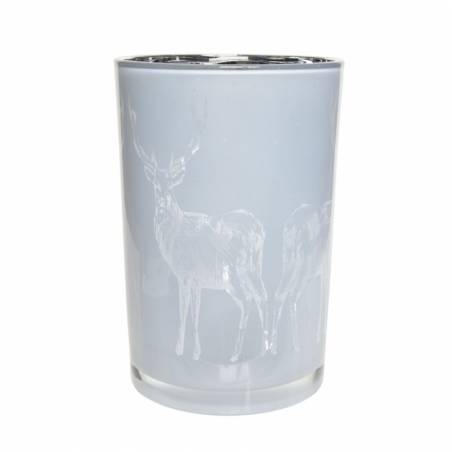 A frosted glass candle holder featuring etched deer silhouettes against a soft gray background.