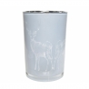 A frosted glass candle holder featuring etched deer silhouettes against a soft gray background.