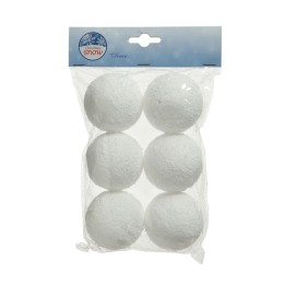 Zes witte, ronde sneeuwballen in een doorzichtige verpakking met een blauwe kaart bovenaan.