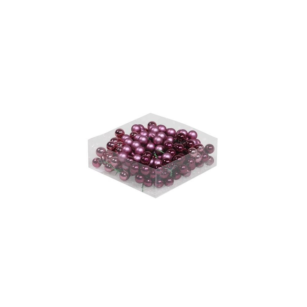 A clear box filled with shiny purple and burgundy decorative beads.