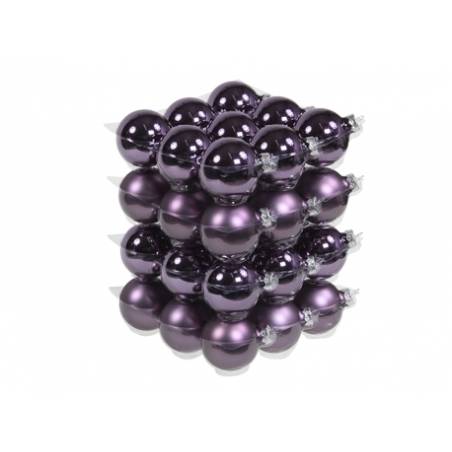 A stack of shiny purple Christmas ornaments, each spherical and reflective, creating a festive di...