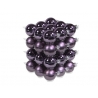 A stack of shiny purple Christmas ornaments, each spherical and reflective, creating a festive di...