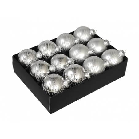 A box containing twelve shiny silver Christmas ornaments with striped patterns.