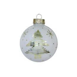 A white Christmas ornament with a gold tree design and sparkling star accents.