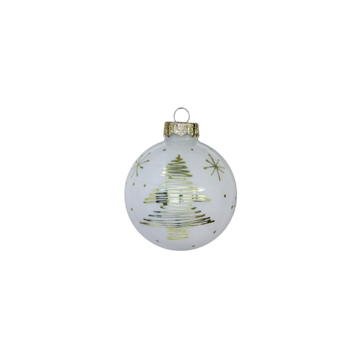 Witte kerstbal met gouden sterretjes en een boom in fijne lijnen. Elegante, feestelijke uitstraling.