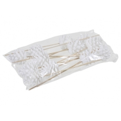 A clear bag containing several white decorative picks with leaf-like shapes on wooden skewers.
