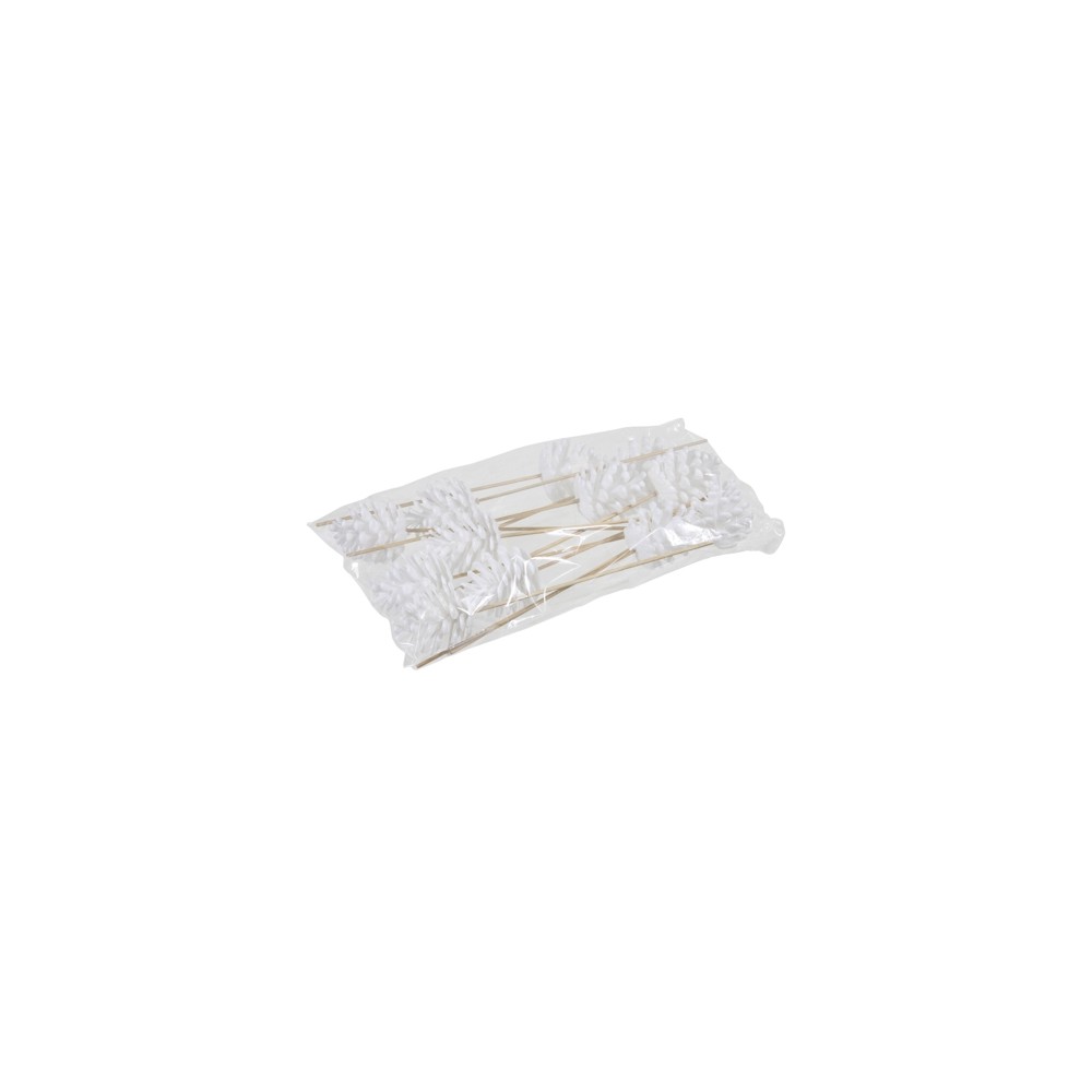 A clear bag containing several white decorative picks with leaf-like shapes on wooden skewers.