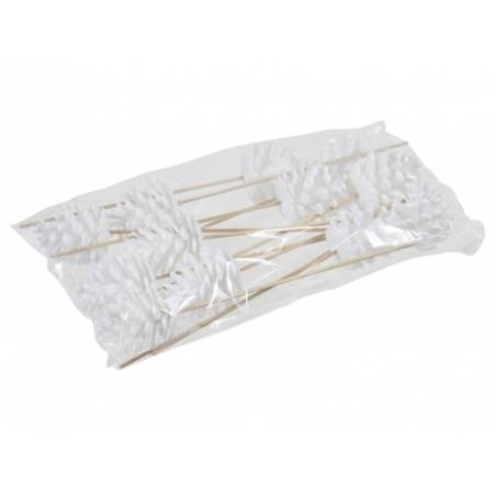 A clear bag containing several white decorative picks with leaf-like shapes on wooden skewers.