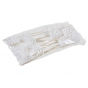 A clear bag containing several white decorative picks with leaf-like shapes on wooden skewers.