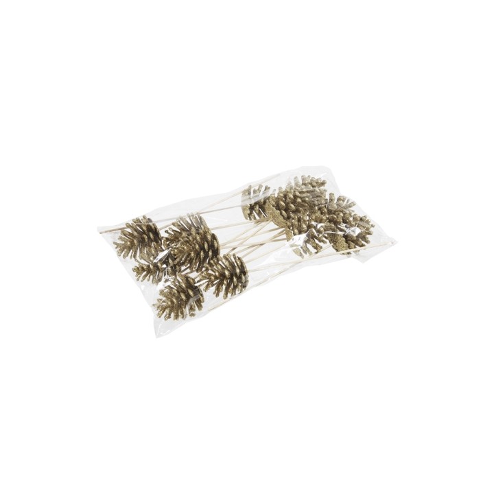 Een doorzichtige verpakking met natuurlijke decoratieve dennenappels op houten steeltjes.