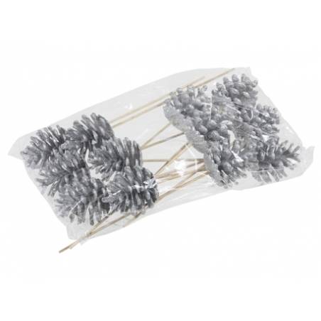 A clear bag holds decorative silver pinecone picks on thin wooden stems.