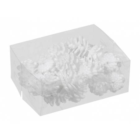 A clear box filled with white decorative pinecones, resembling natural winter elements.