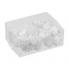 A clear box filled with white decorative pinecones, resembling natural winter elements.