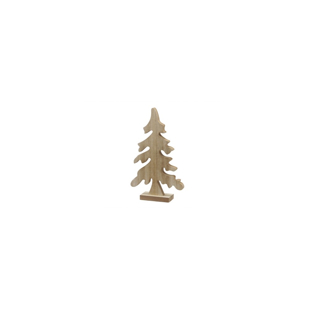 A simple wooden pine tree silhouette with a natural finish, standing on a small base.