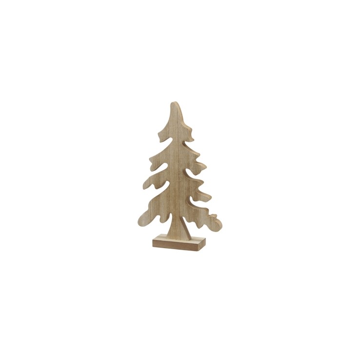 Houten kerstboomfiguur met uitgesneden takken, natuurlijk en minimalistisch ontwerp.