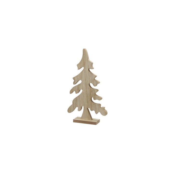 Houten kerstboom in natuurlijke kleur, met uitgesneden takken en een stevige basis.