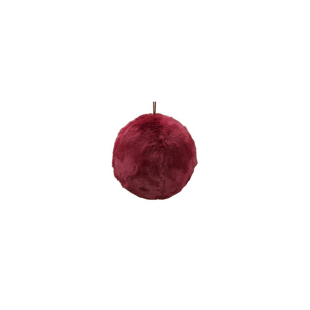 A soft, round ornament in deep burgundy, resembling plush fur.