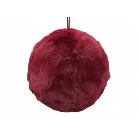 A soft, round ornament in deep burgundy, resembling plush fur.
