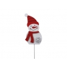 A cheerful snowman with a red striped hat and scarf, holding a snowflake.