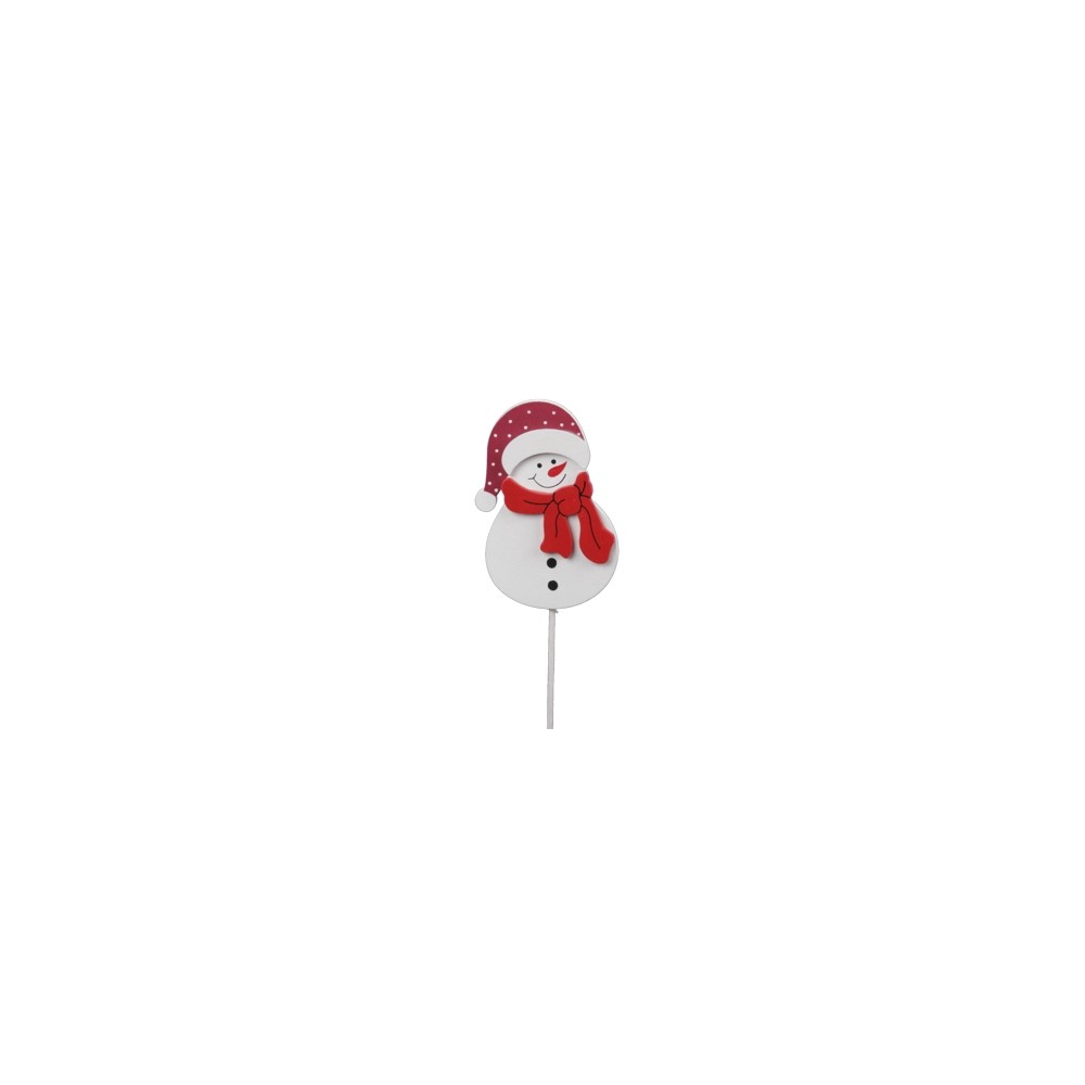 A cheerful snowman with a red hat and scarf, smiling against a simple white background.