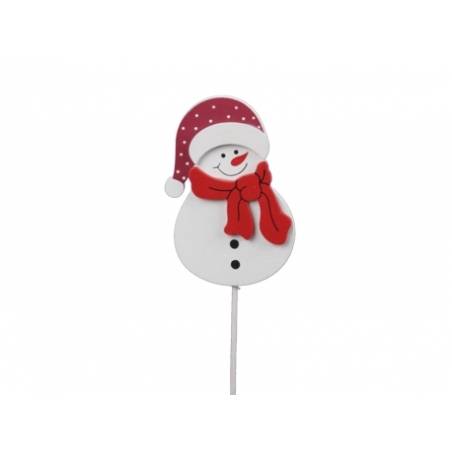 A cheerful snowman with a red hat and scarf, smiling against a simple white background.