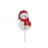 A cheerful snowman with a red hat and scarf, smiling against a simple white background.