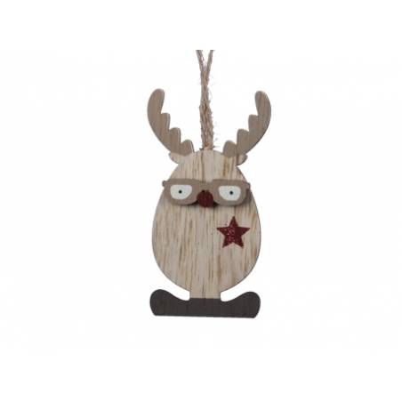 Wooden reindeer ornament with glasses, a red star, and a rustic, whimsical design.