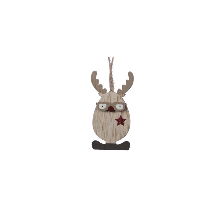Houten kerstdecoratie in de vorm van een rendier met een ster en bril, in natuurlijke tinten.