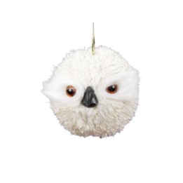 Een schattige, ronde, witte uil met grote ogen en een zachte, pluizige textuur.