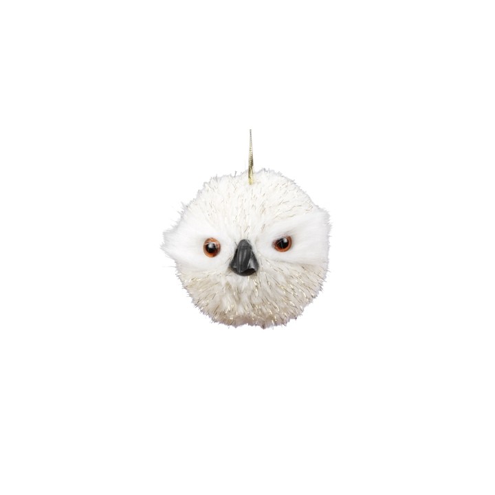 Een schattige, ronde, witte uil met grote ogen en een zachte, pluizige textuur.