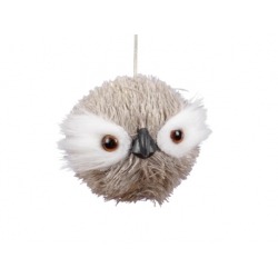 A soft, round, fluffy owl ornament with large eyes and a small beak.