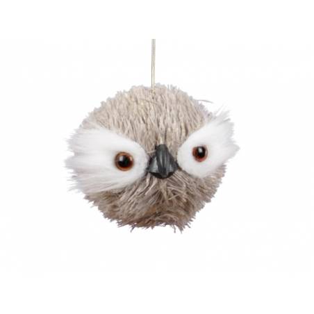 A soft, round, fluffy owl ornament with large eyes and a small beak.