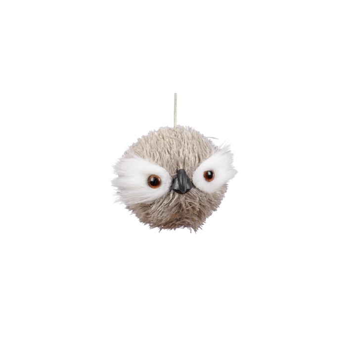 Een schattige, pluizige uil met grote ogen, hangend aan een touwtje.