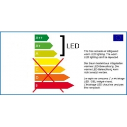 A colorful energy label showing efficiency ratings for integrated warm LED lighting.