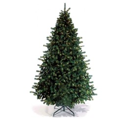 Groene kunstkerstboom met takken vol lichtjes, stevig op een zwarte standaard.