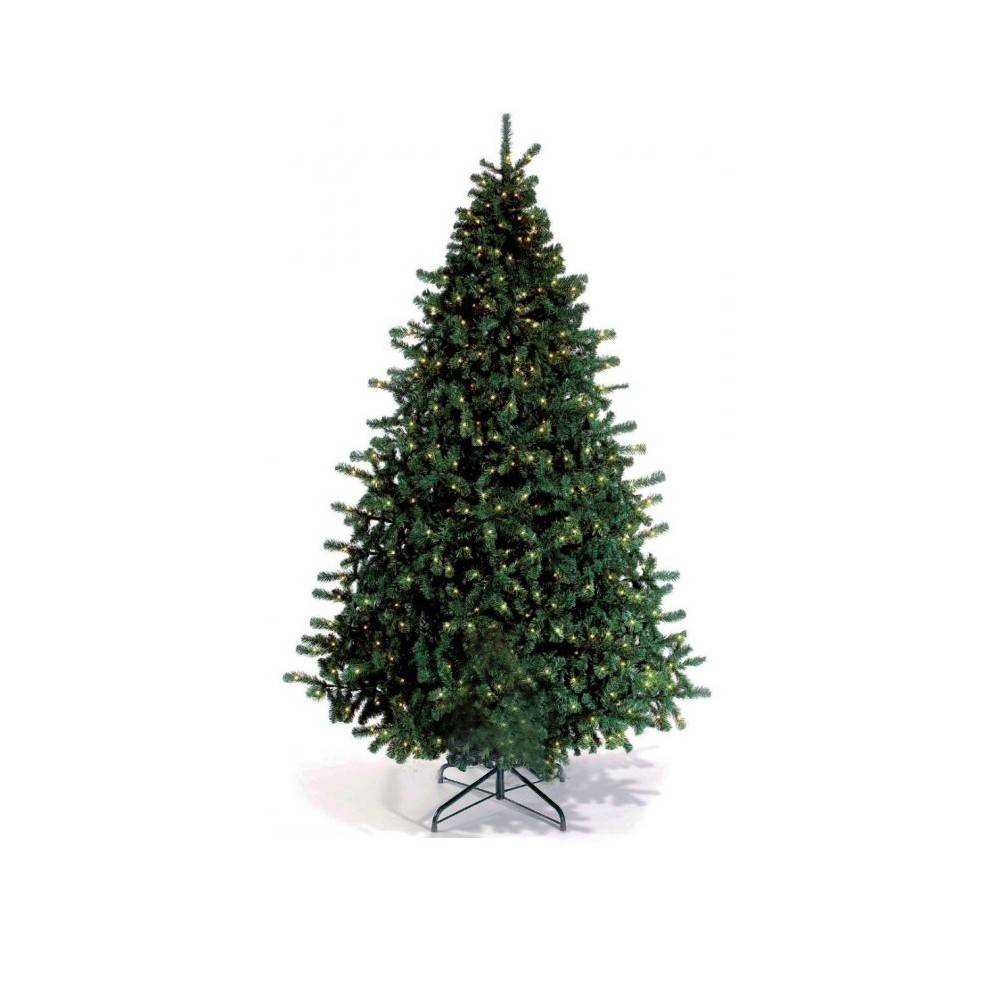 A lush green artificial Christmas tree with a sturdy metal base.
