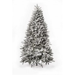 A snowy, frosted artificial Christmas tree with lush green branches and a sturdy black base.