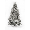 A snowy, frosted artificial Christmas tree with lush green branches and a sturdy black base.