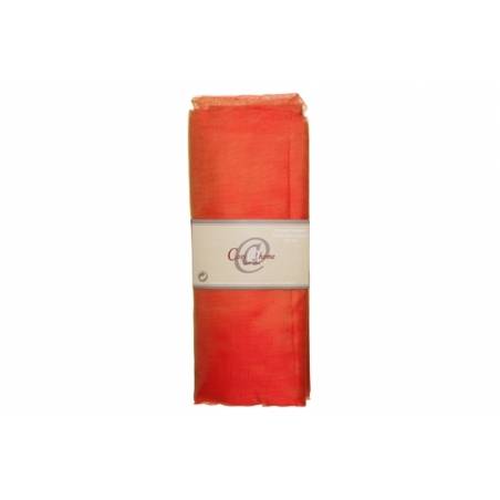 A vibrant orange scarf, elegantly folded with a simple white label.